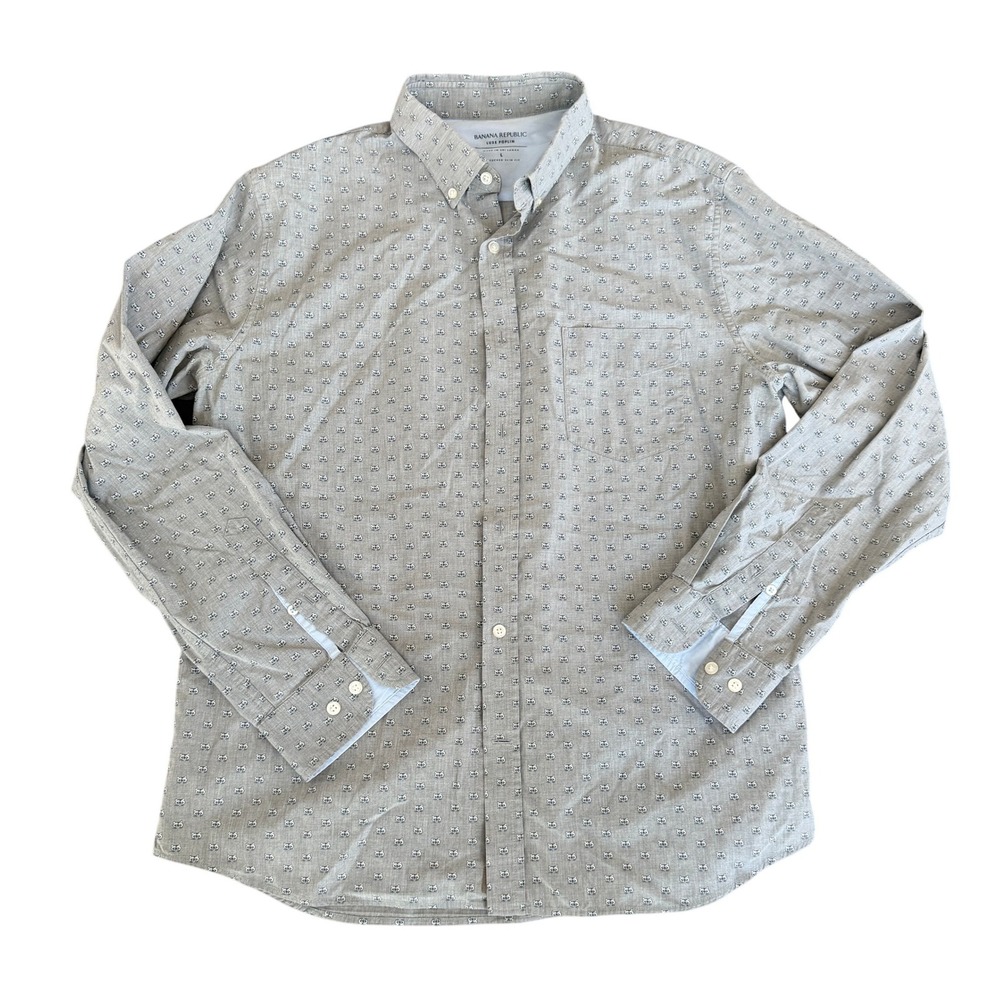 Banana Republic Luxe Poplin Shirt Mens L Grey Raccoon Print Untucked Slim Fit